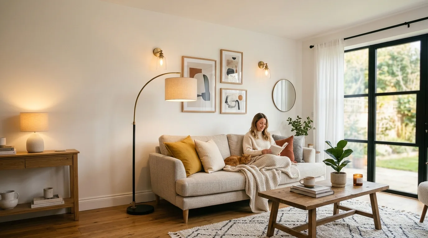 Bright living room with a sofa